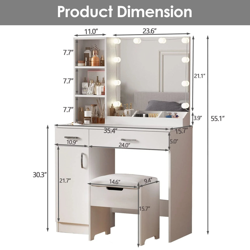 Veanerwood Makeup Vanity Table with 10 Led Lights, Lighted Mirror Vanity Desk, Modern Bedroom Dressing Vanity, White Finish