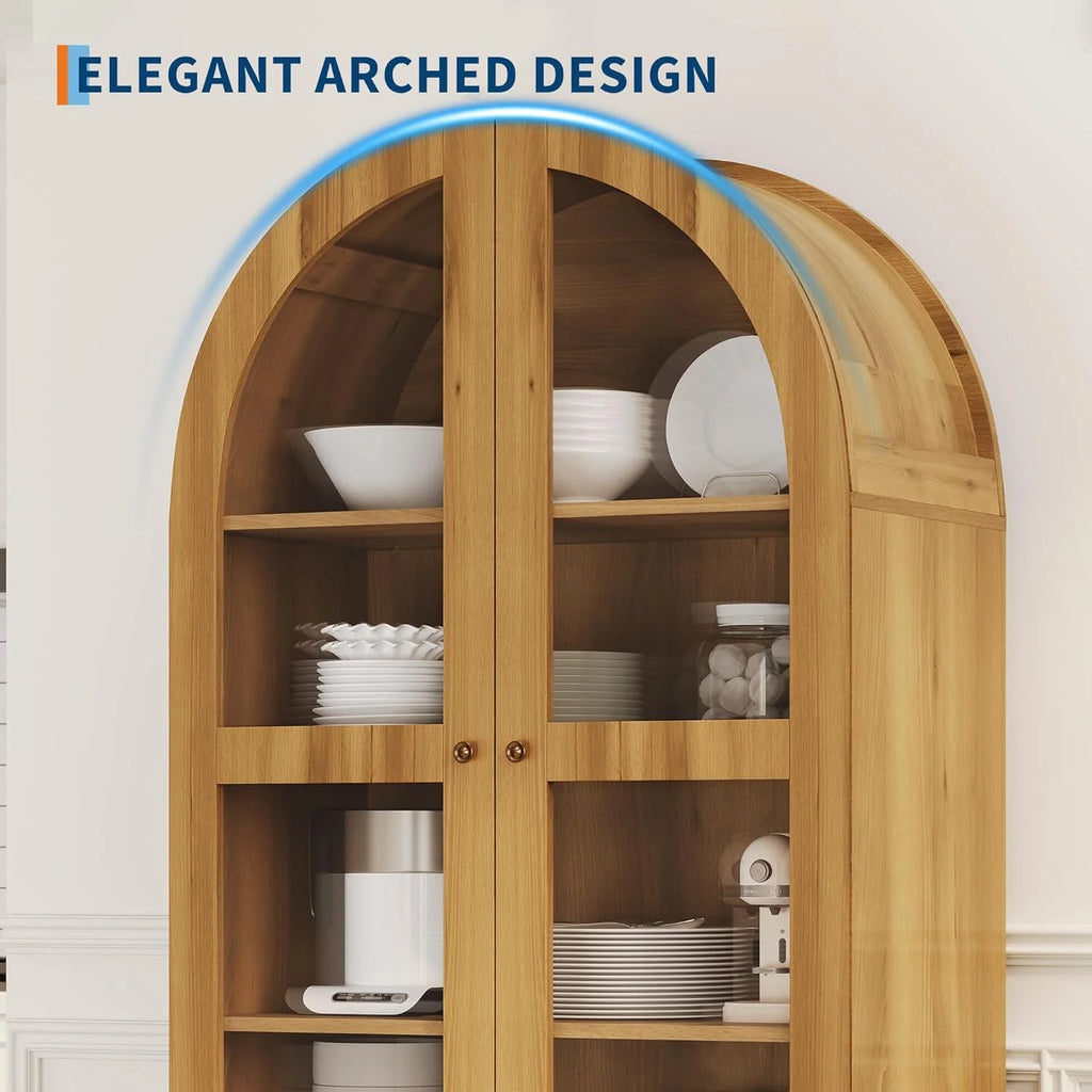 Garvee 71" Tall Arched Storage Cabinet with Acrylic Doors, Modern Wooden Pantry Cabinet with 2 Drawers & Adjustable Shelves, Versatile Kitchen Cupboard, Living Room Storage
