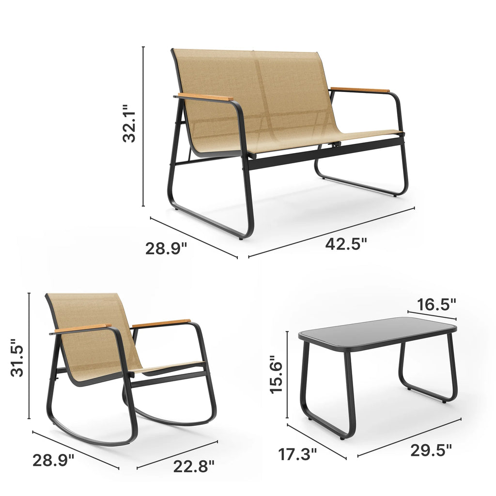 Patio Conversation Sets for 4, Lofka 4 Pieces Patio Furniture Sets with Rocking Bistro Fabric chairs, Garden Loveseat, Glass Coffee Table for Backyard, Poolside, Porch, Lawn, Black