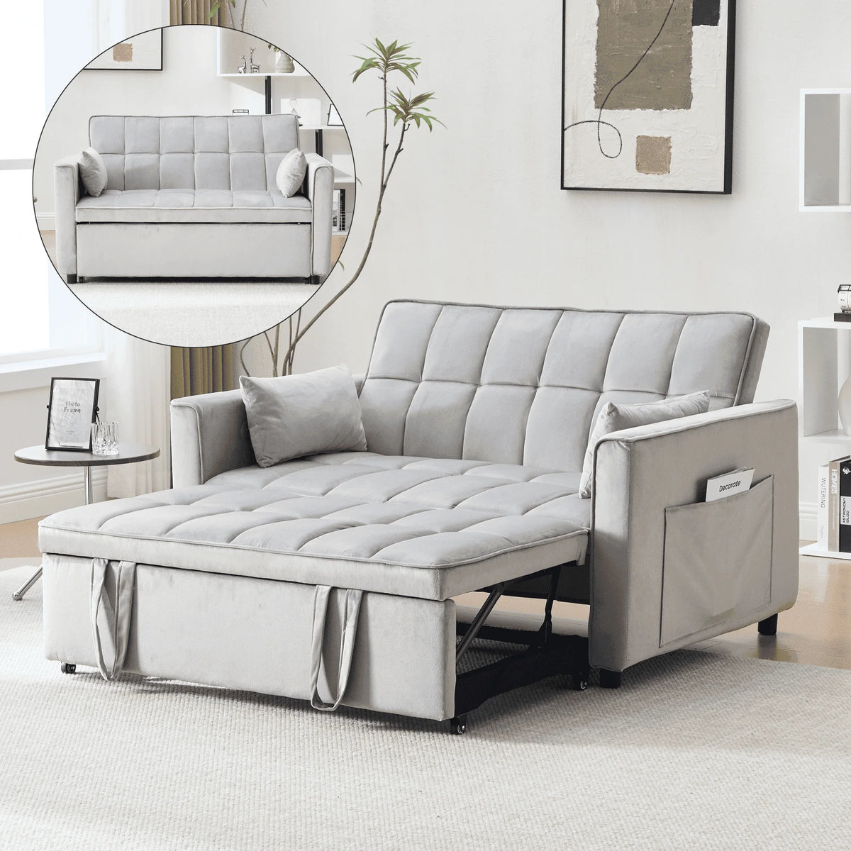 BINBANK Black Velvet 3-in-1 Convertible Sleeper Sofa Bed a?? USB Charging, Adjustable Backrest Pull-Out Futon Loveseat Couch for Living Room, Apartment & Small Space