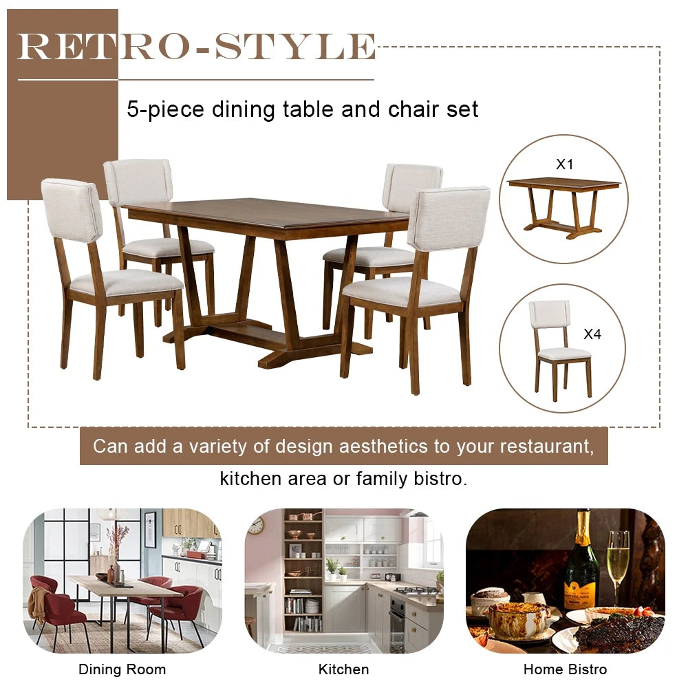 5 Piece Dining Table Set, Atumon Dining Table Set for 4, Wood Dining Room Set with 1 Table and 4 Upholstered Chairs, Farmhouse Dining Table Set for Kitchen Dining Room Apartment, Natural