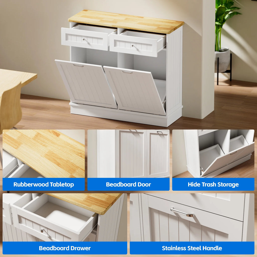 GETYES Double Tilt Out Trash Cabinet, Wooden Recycling Cabinet, 35.83 x 12.99 x 39.37 inches, White
