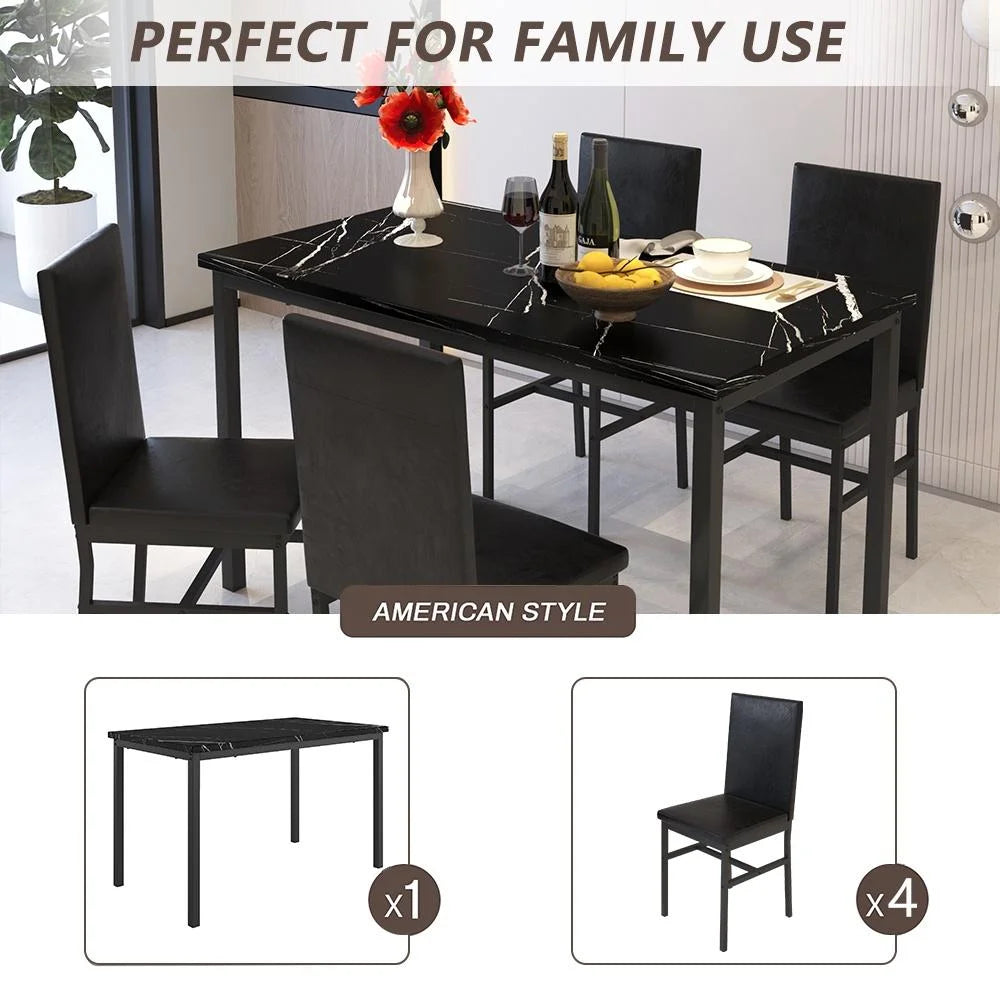 5 Piece Dining Set, Modern Dining Table and Chairs Set for 4, Counter Height Bar Table Set, Modern Pub Table with 4 Velvet Fabric Cushioned Stools, Faux Marble Dining Table & Stools Set, D9297