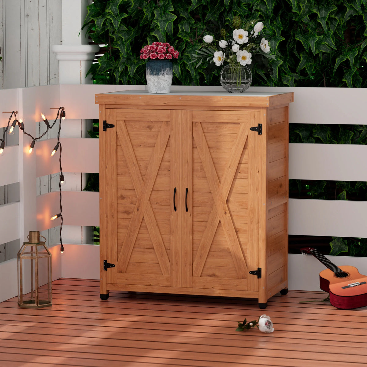 Tcbosik Outdoor Storage Cabinet & Potting Bench Table, Wooden Patio Furniture with Metal Top, Garden Workstation for Backyard, Lawn, Deck, Balcony, Gray