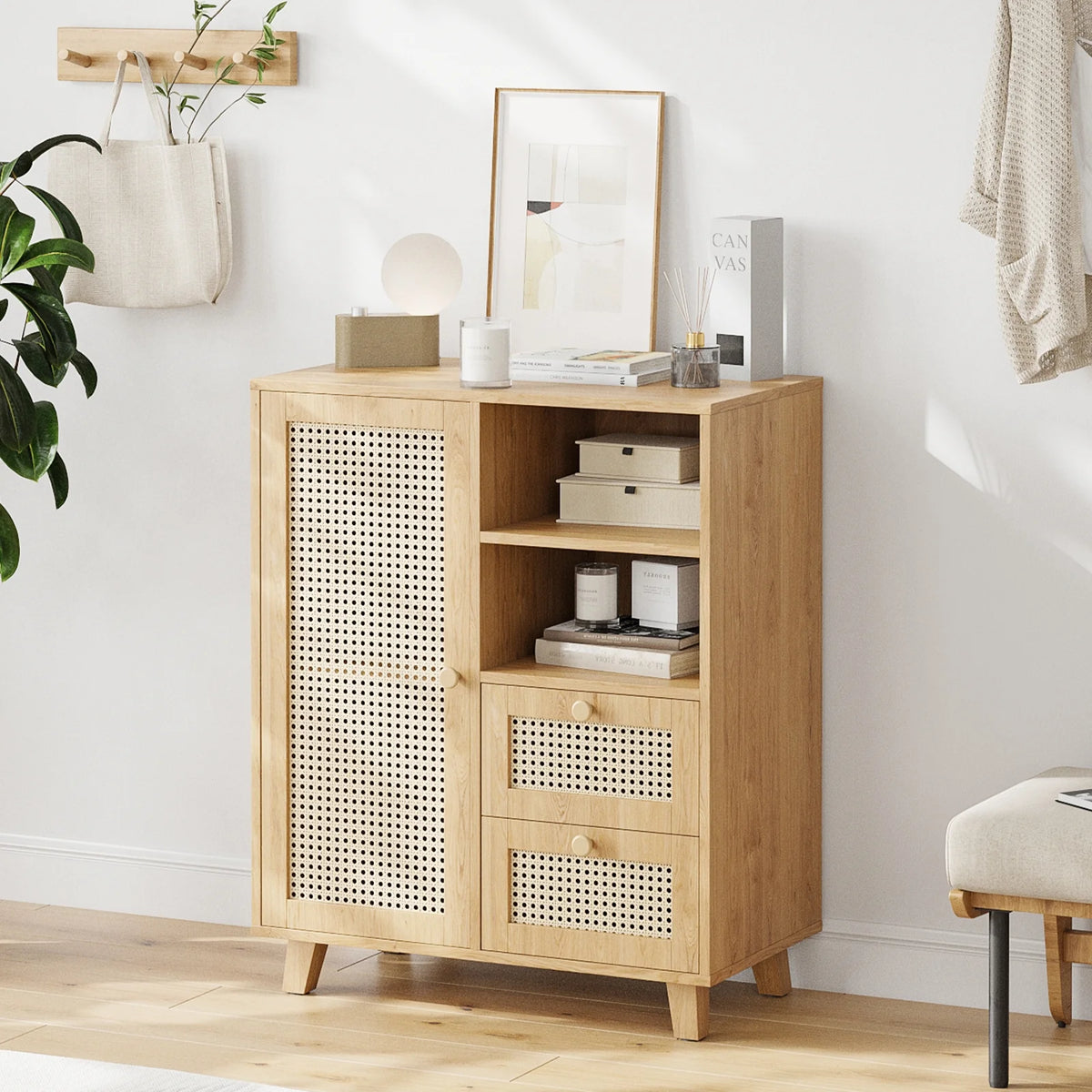 STARY Sideboard Buffet Cabinet, Accent Cabinet with Drawers and Adjustable Shelf for Kitchen, Living Room, Entryway, Nature