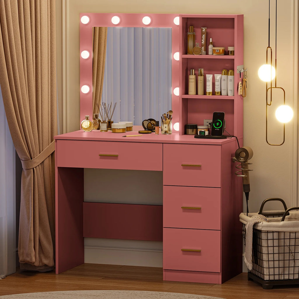Makeup Vanity with Mirror and 3 Color Lights,Vanity Dressing Table with USB Charging Station,4 Drawers,Open Storage Shelves,White
