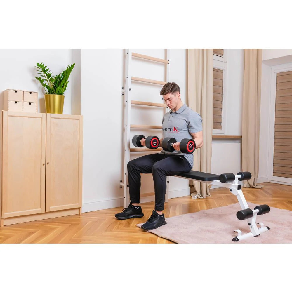 BenchK 733 White Wall bars with convertible steel 6-grip pull-up bar that can also be used as a barbell holder, dip bar with back support and advanced workout bench