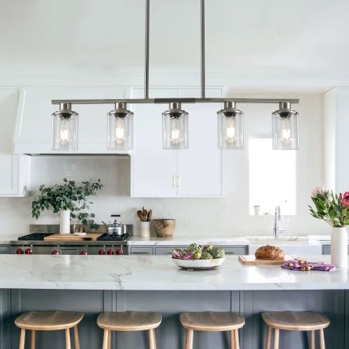 ACE-LIGHTS,Modern Industrial 5-Light Chandelier with Clear Glass Shades(Bulbs Not Included),Hanging Ceiling Light Fixture for Living Room,Dining Room,Kitchen Island(Black)