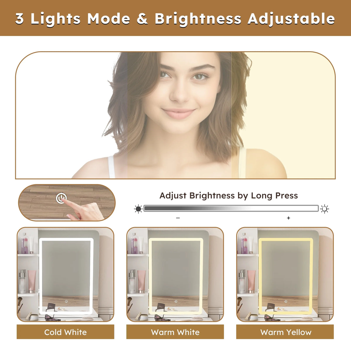Montary Modern Mini Vanity w/Adjustable LED Mirror + Hidden Storage, Padded Stool & Dustproof Shelves (White)