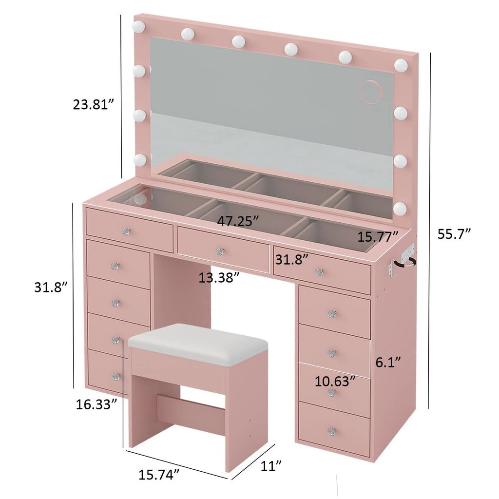 White Vanity Desk with Illuminated Mirror & Power Outlet, 11 Drawers Vanity Table with Chair, Makeup Vanity with 12 LED Lights, Tempered Glass Top, Dressing Table for Bedroom,Dressing Room