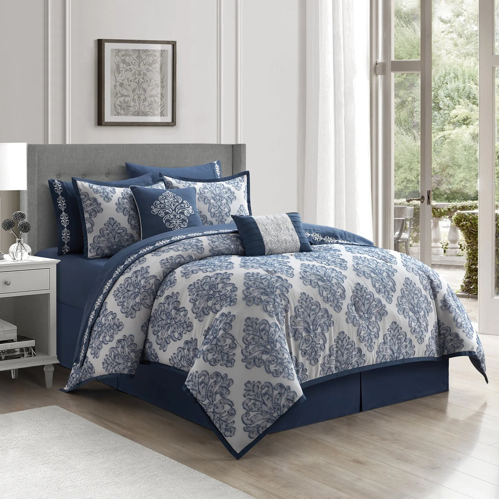 Lanco Smoke Grey Comforter Set California King Size, 9 Piece Jacquard Floral Bedding Set, All Season, Ultra-Soft, Matching Pillows & Shams, Bed Skirt