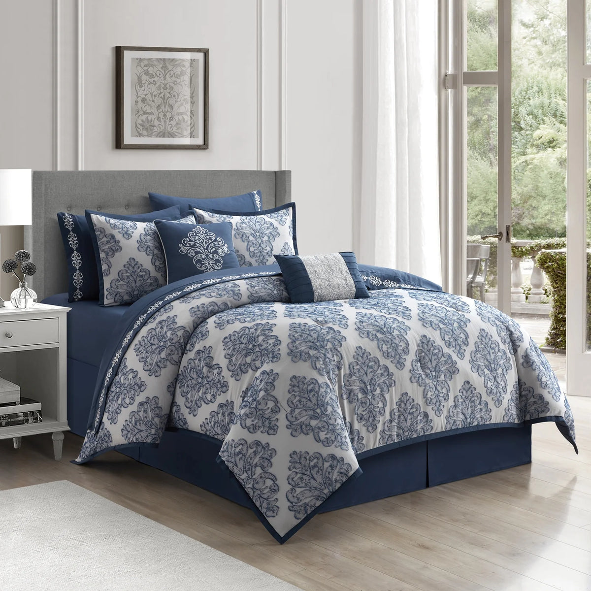 Lanco Smoke Grey Comforter Set California King Size, 9 Piece Jacquard Floral Bedding Set, All Season, Ultra-Soft, Matching Pillows & Shams, Bed Skirt