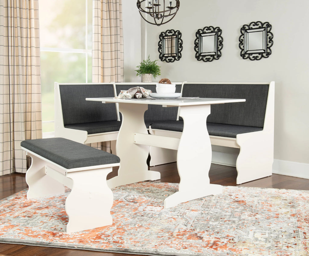 Linon Weston Corner Dining Breakfast Nook with Table and Bench, Seats 5-6, White Finish with Charcoal Fabric