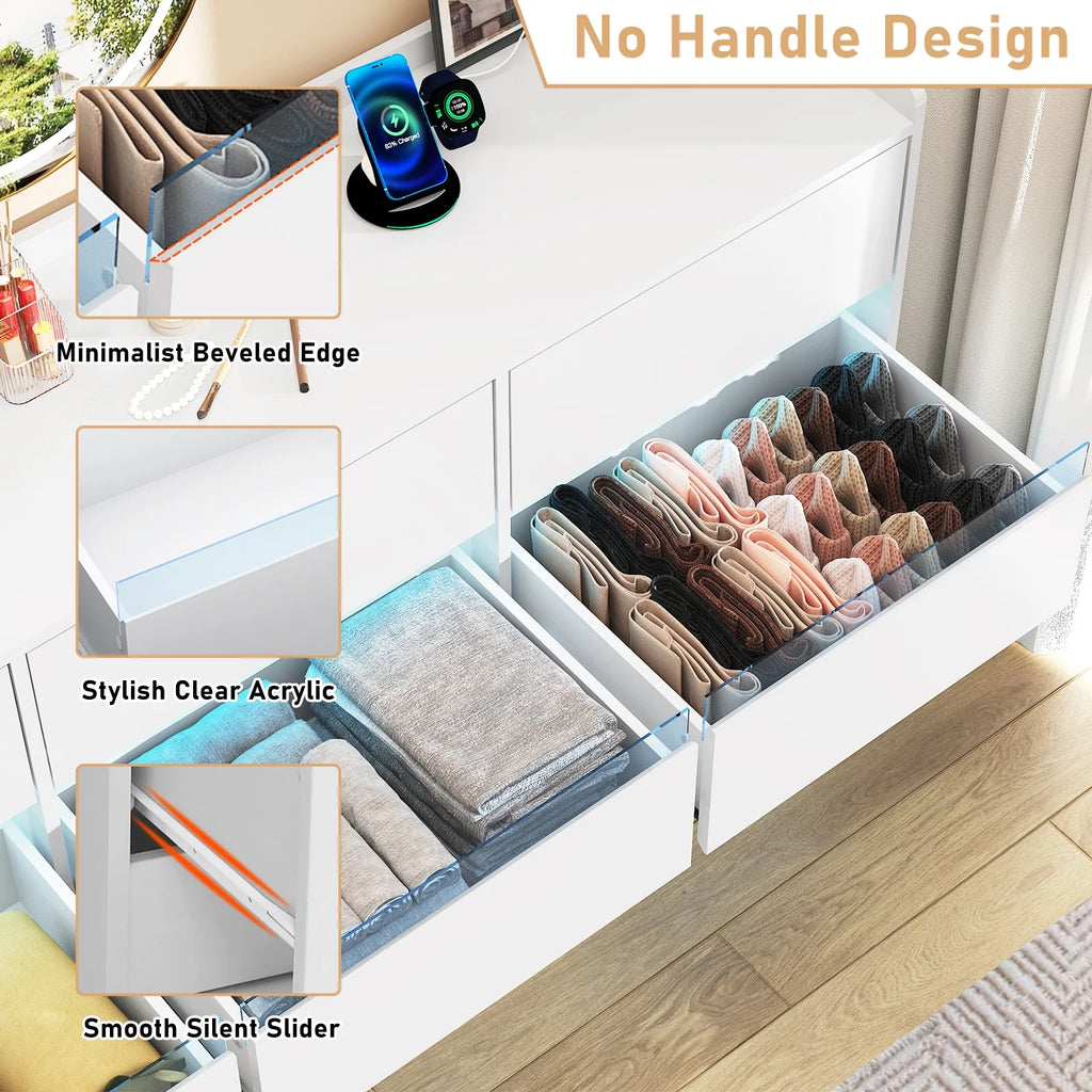 9 Drawer Dresser for Bedroom with Power Outlet, 63" Large Dresser with LED Light, Wooden Dresser For Closet, Chest of Drawers with Raised Edges