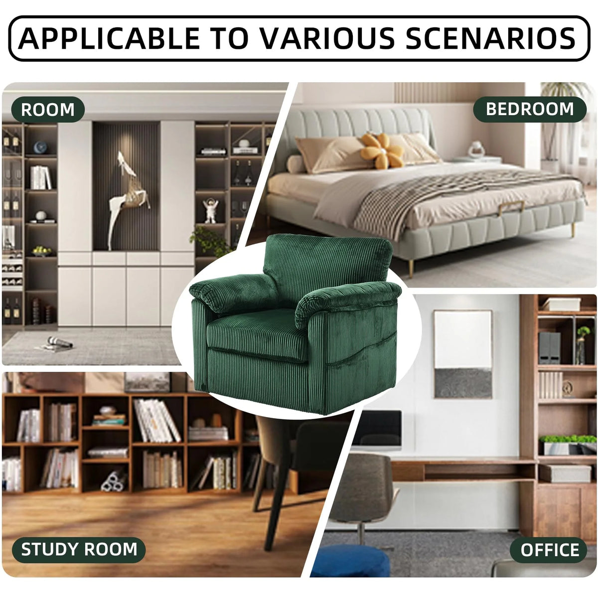 FFH 33" Oversized Swivel Accent Chair,Armchair with Side Pocket,Upholstered Corduroy Lounge Chaise Chair,Barrel Chairs,Comfy Single Sofa Chair for Living Room Reading Bedroom Office,Black