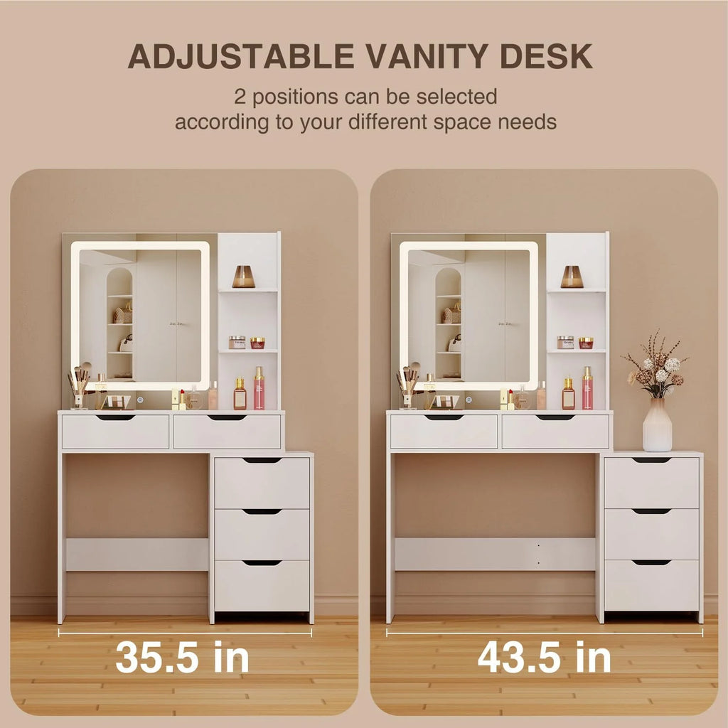 Makeup Vanity Desk with Mirror and Lights, 43.5�� Vanity Table with 5 Drawers & Storage Shelves, White
