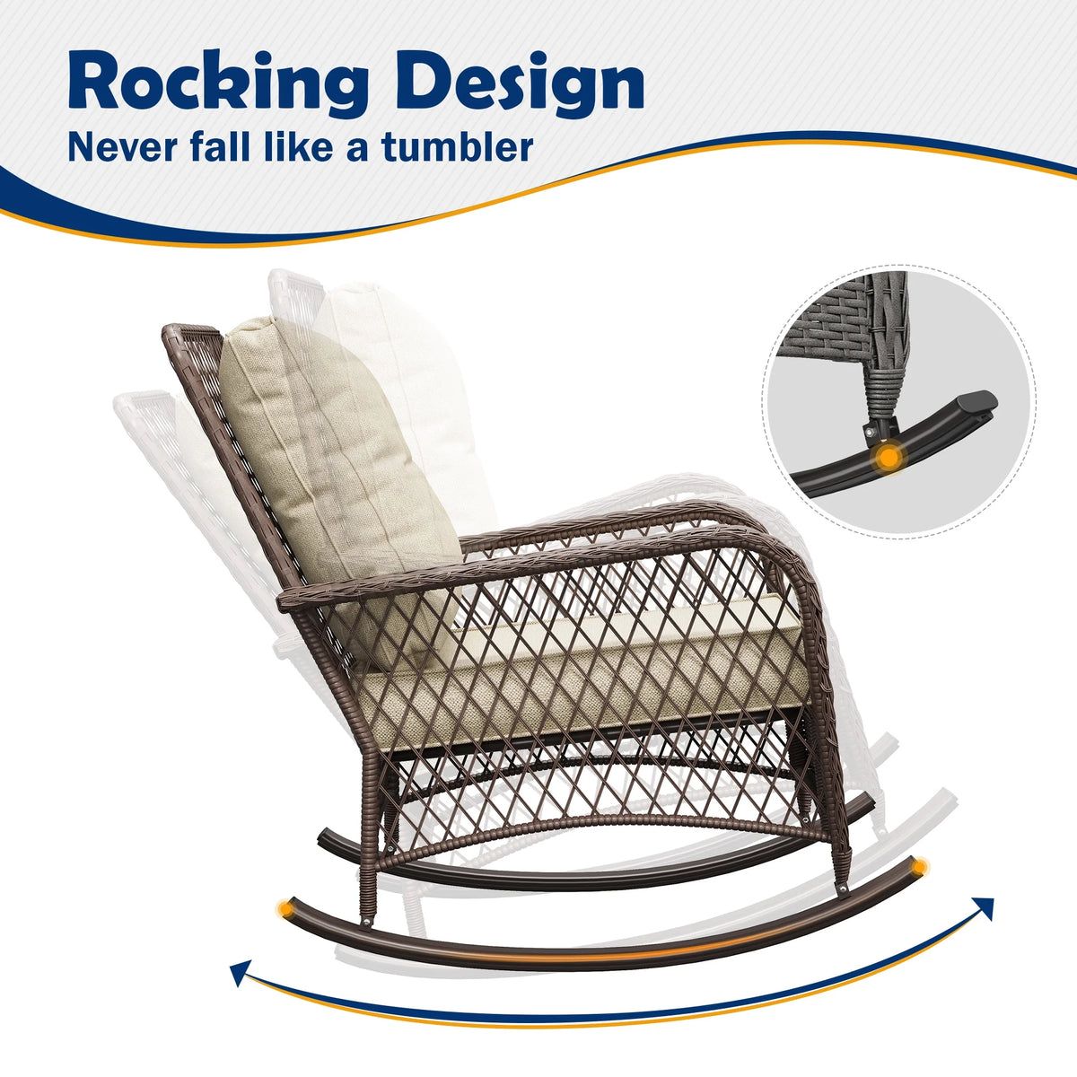 ELPOSUN 3-Piece Outdoor Rocking Chairs, Wicker Patio Furniture with Thickened Cushions and Table for Porch