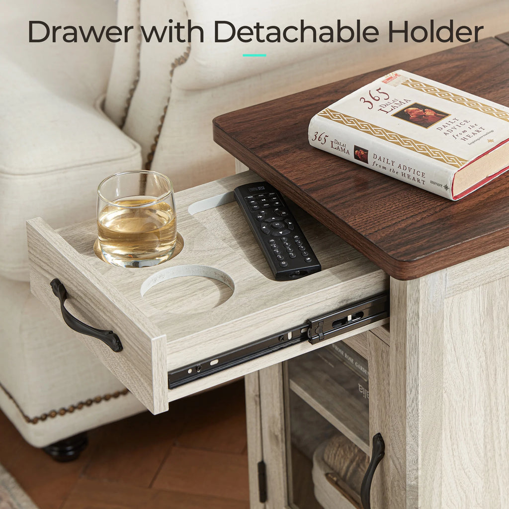 LINSY HOME End Tables for Living Room with Charging Station, Nightstand for Bedroom with Drawer and Detachable Holder,Washed Grey & Brown