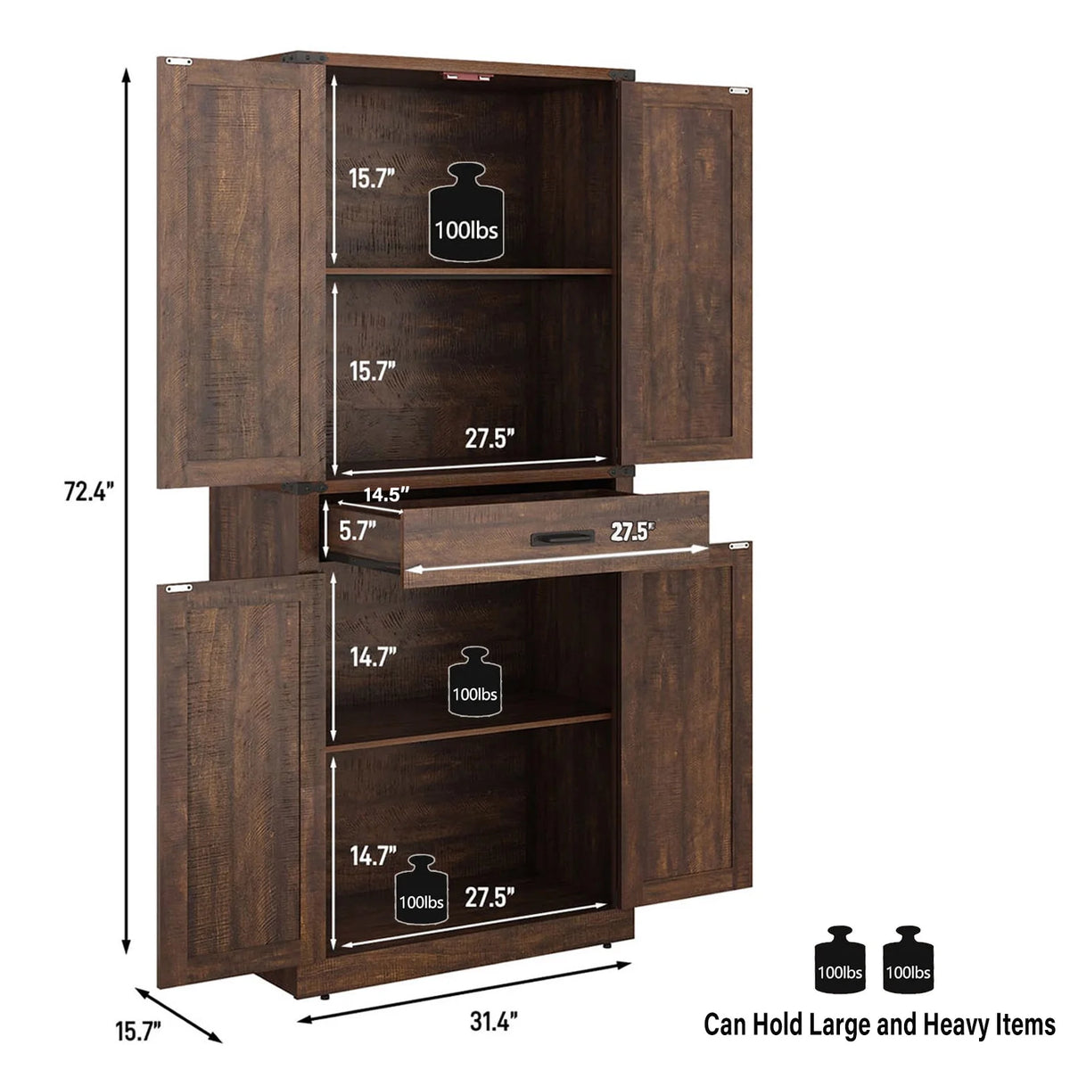72" Tall Farmhouse Kitchen Pantry Cabinet w/1 Drawer & 4 Roomy Storage Shelves, Versatile Wood Storage Cabinet with 4 Barn Door & Adjustable Shelves &  for Dining Room Bathroom Utility Room