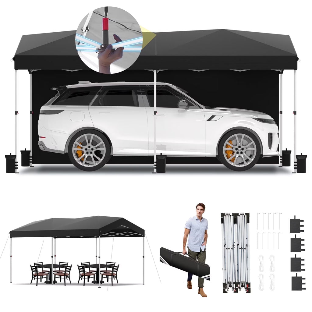 Hoteel Carport Canopy 10x20 Pop Up Shelter with Instant 1-Button Push Center Lock, UV Resistant All-Weather Cover with 2 Sidewalls, Heavy Duty Waterproof Canopy Tent for Cars, Trucks, Boats, White