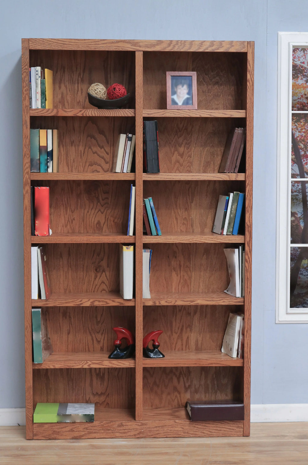 Concepts in Wood 12 Shelf Double Wide Wood Bookcase, 84 inch Tall - Oak Finish