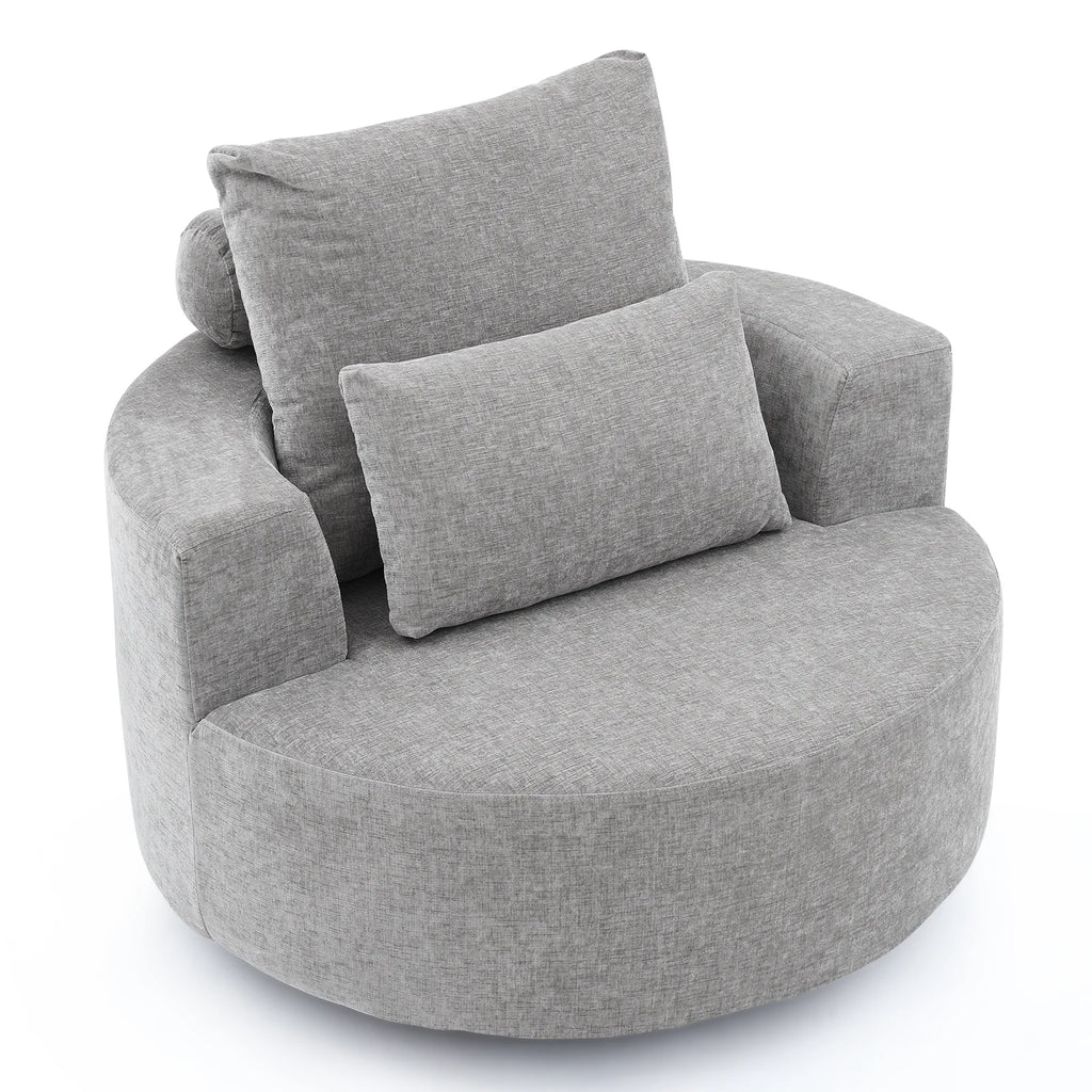 Fumahaus Upholstered Swivel Accent Chair, Oversized Comfy Round Sofa Chair with Two Pillows, Leisure Sofa Chair for Living Room Bedroom, Beige