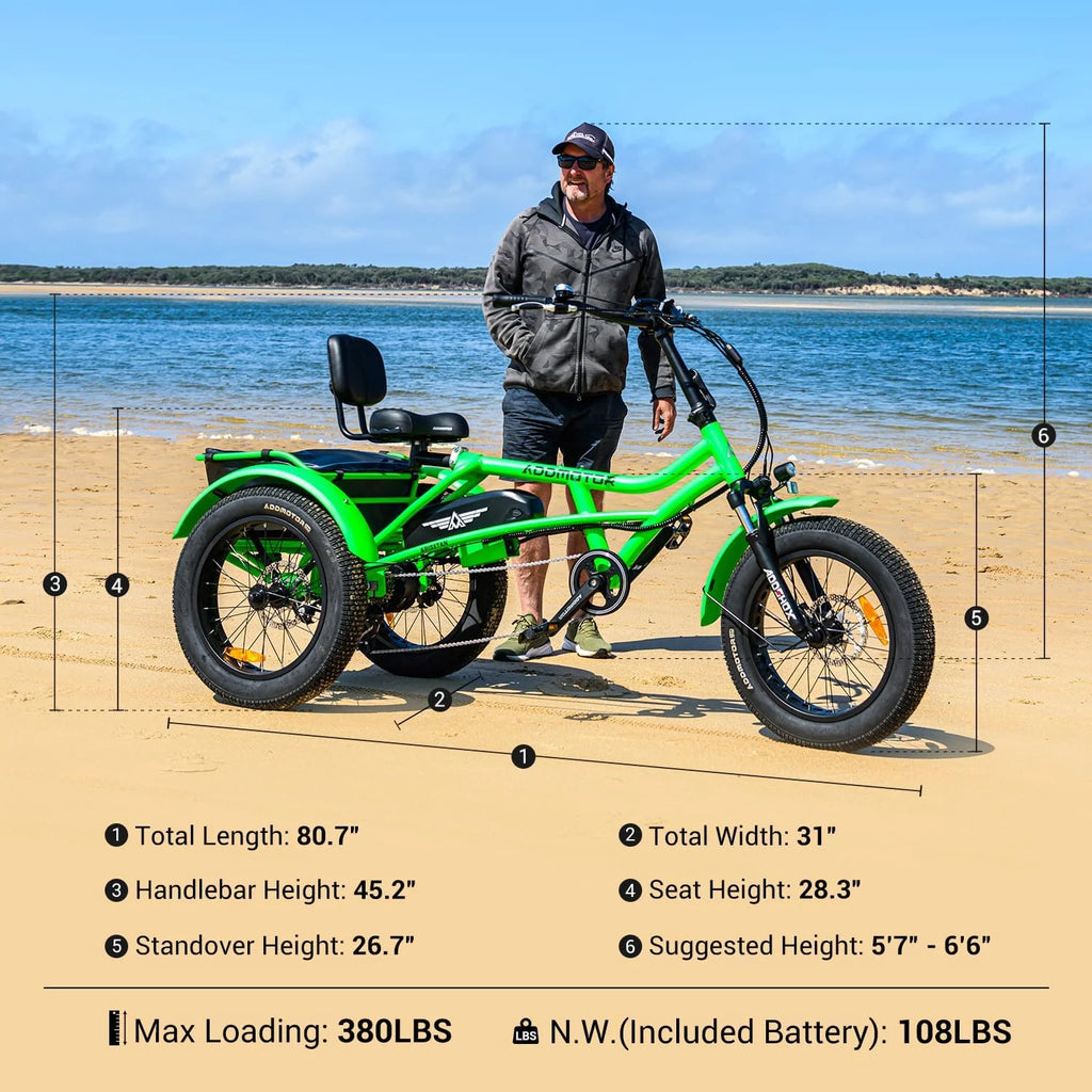 Addmotor M-360II Semi-Recumbent Electric Trike, 85MI, Fat Tire 3 Wheel Electric Bike for Adults, 750W 48V 20Ah Electric Tricycle for Seniors, 20" Electric Trike with Speed Differential, Green