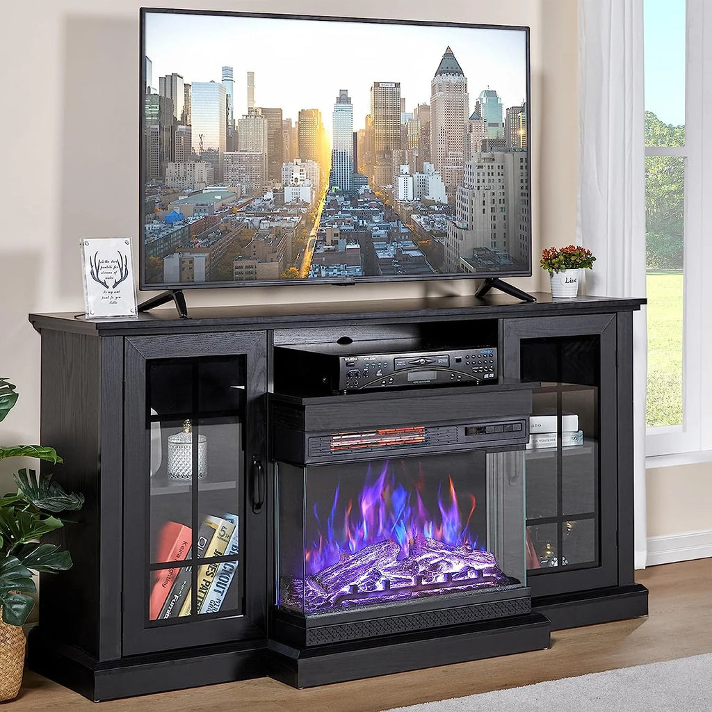 Merluxy 75in 3-Sided Glass Fireplace TV Stand for TVs up to 85", Distressed White