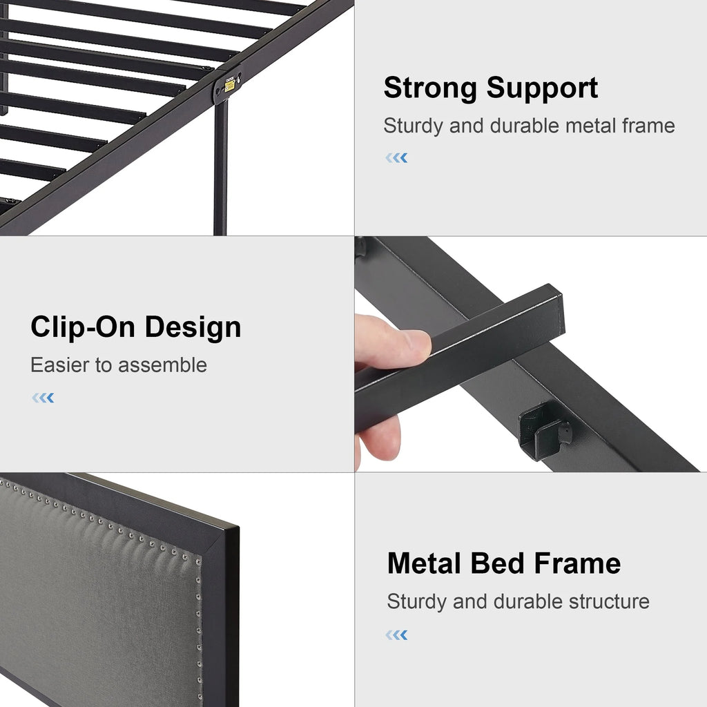 VECELO Queen Size Bed Frame Metal Platform Bed with Upholstered Headboard, No Box Spring Needed, Black