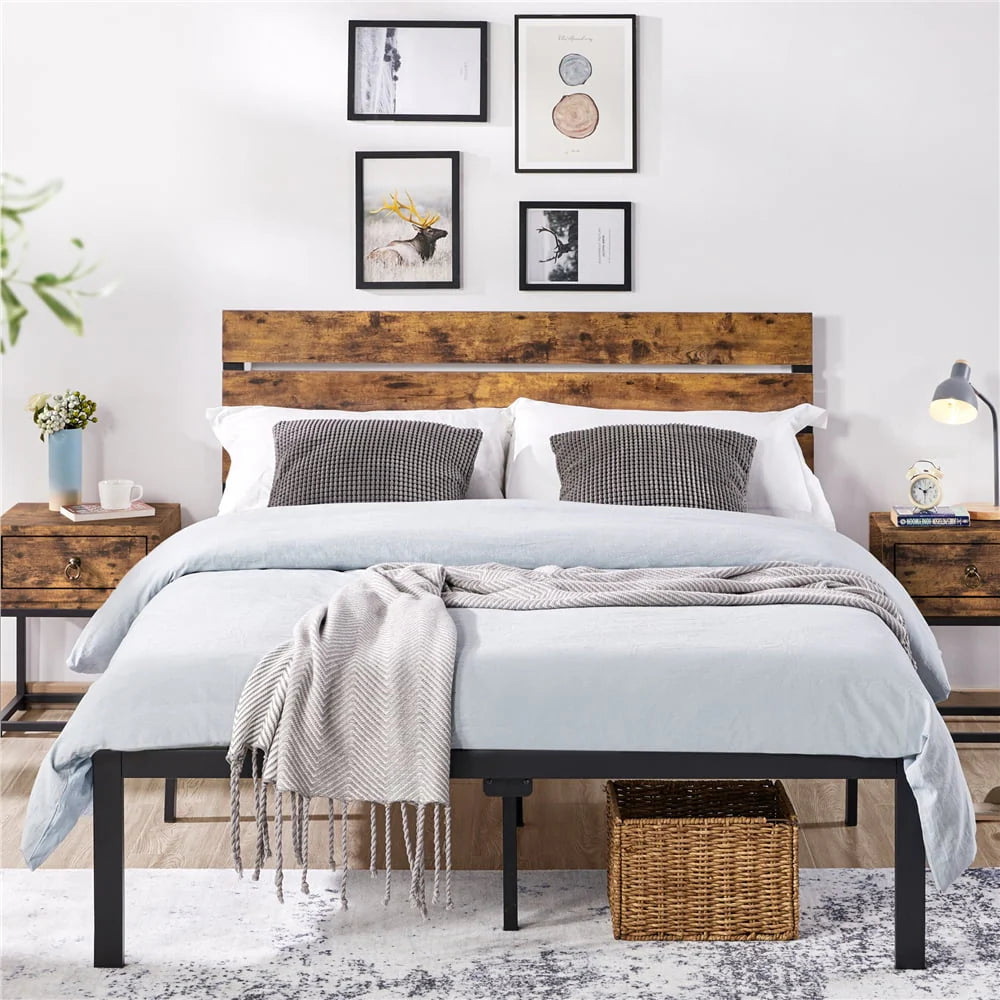 Easyfashion Metal Platform Queen Bed with Wood Headboard