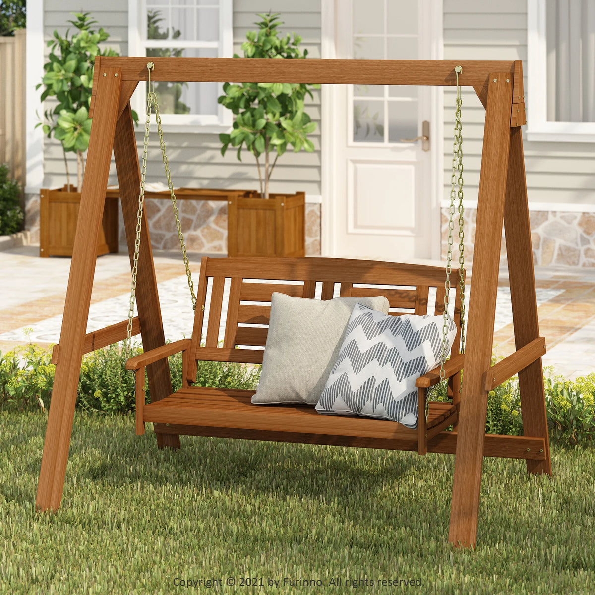 Furinno Tioman Hardwood Hanging Porch Swing with Stand in Teak Oil, Natural
