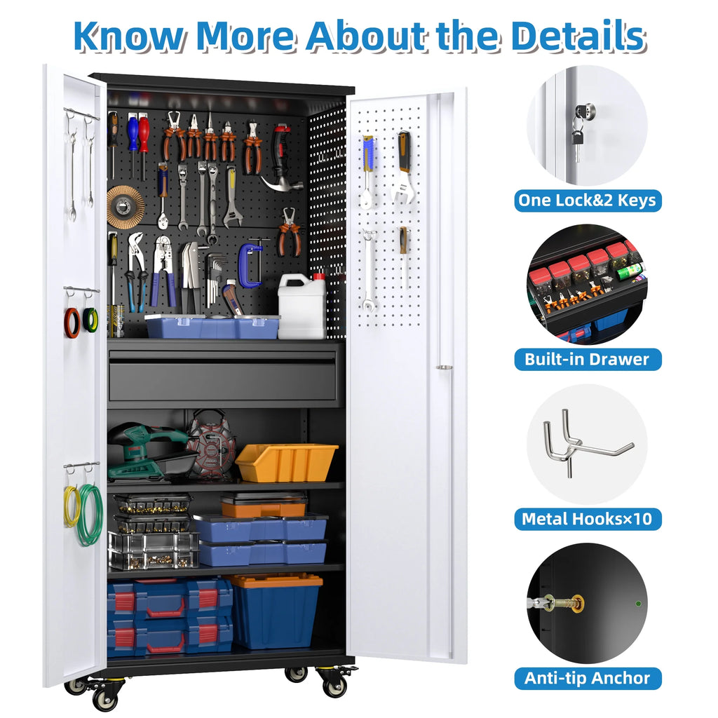 SUPEER 71" Metal Storage Cabinets with Wheels and Pegboards, Industrial Cabinet with 2 Drawers and 2 Adjustable Shelves,, Assembly Required