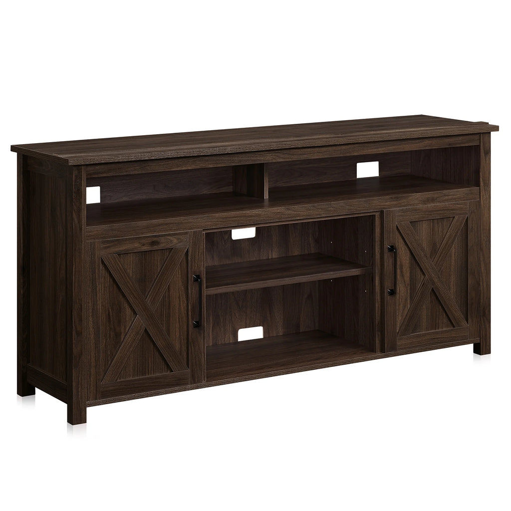 BELLEZE 58 Inch TV Stand, Contemporary Entertainment Center for TVs up to 65", Wood Media Console Table with Two Open Shelves and Barn Door Cabinets - Corin (White)
