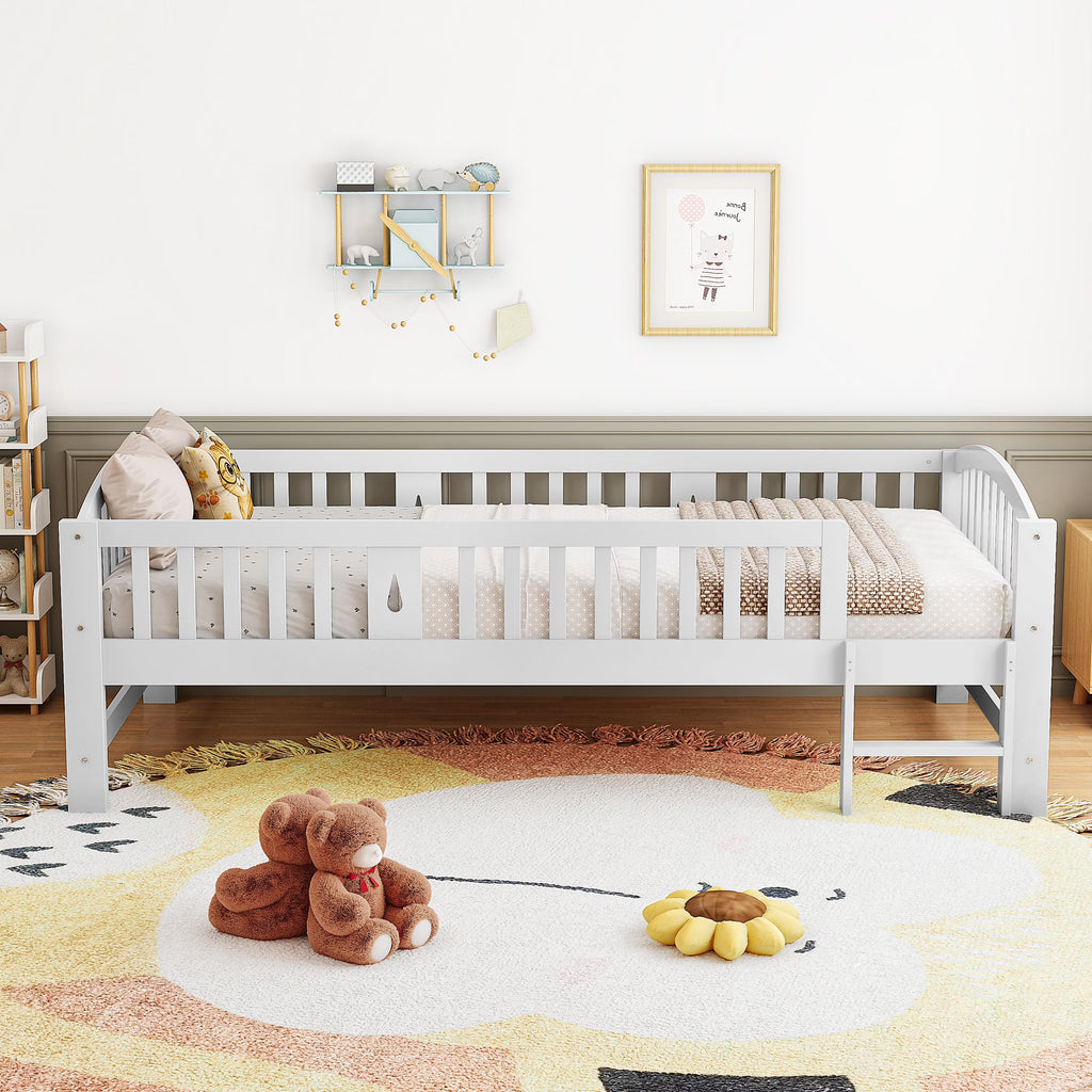 SESSLIFE Twin Size Platform Bed, Solid Wood Twin Bed Frame with Slats, Fence Guardrail Ladder, Twin Floor Bed with Strong Legs for Boys Girls, No Box Spring Needed, Holds 400 lbs, White