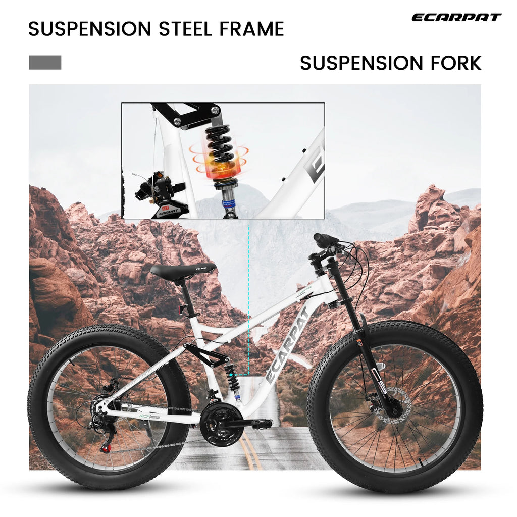 26 in Men's Fat Tire Bike,Shimano 21-Speed,Full Suspension Mountain Bike,Black