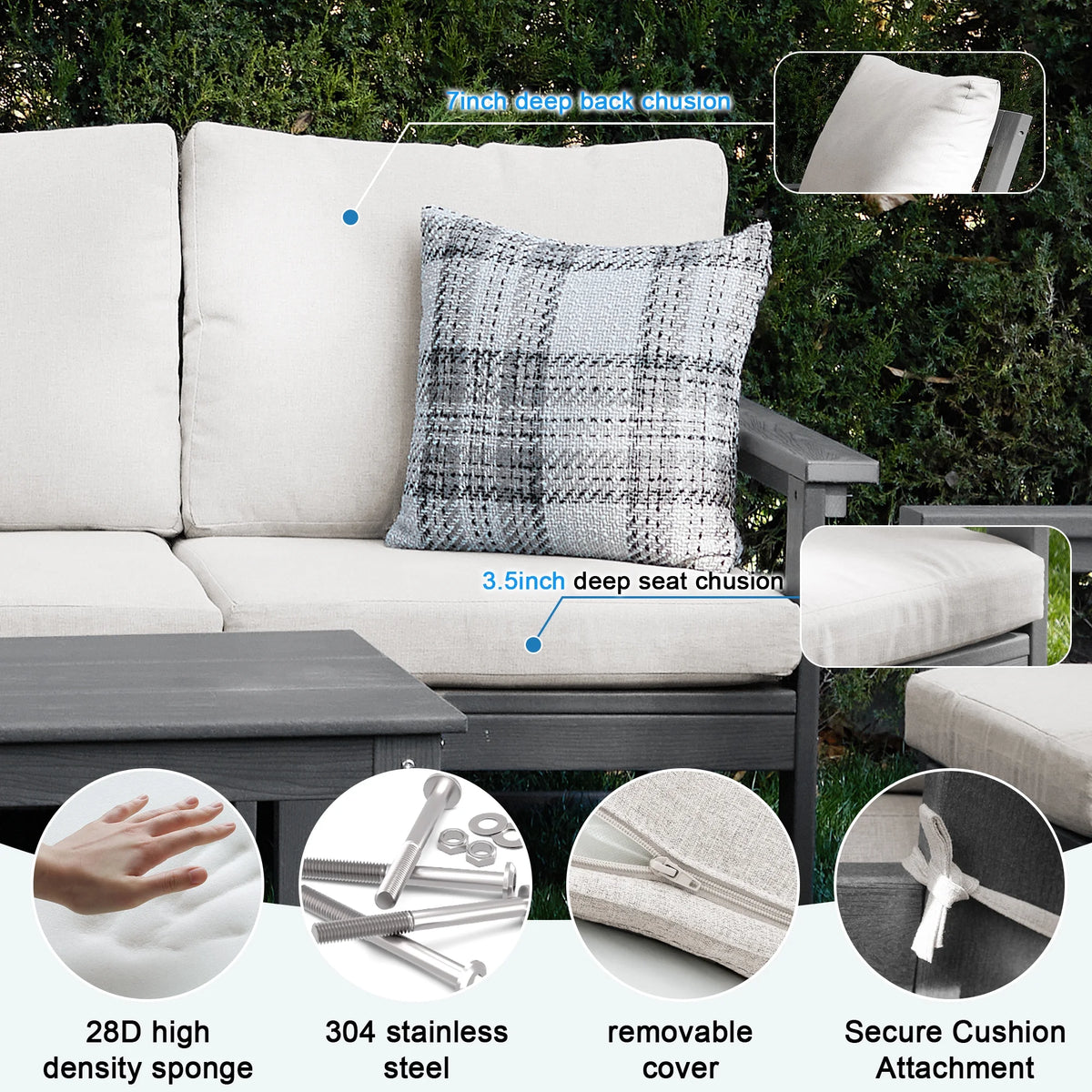 SERWALL Outdoor Patio Furniture Set, 7-Piece HDPE Outdoor Sofa Set Patio Conversation Set, Black Frame with Beige Cushions