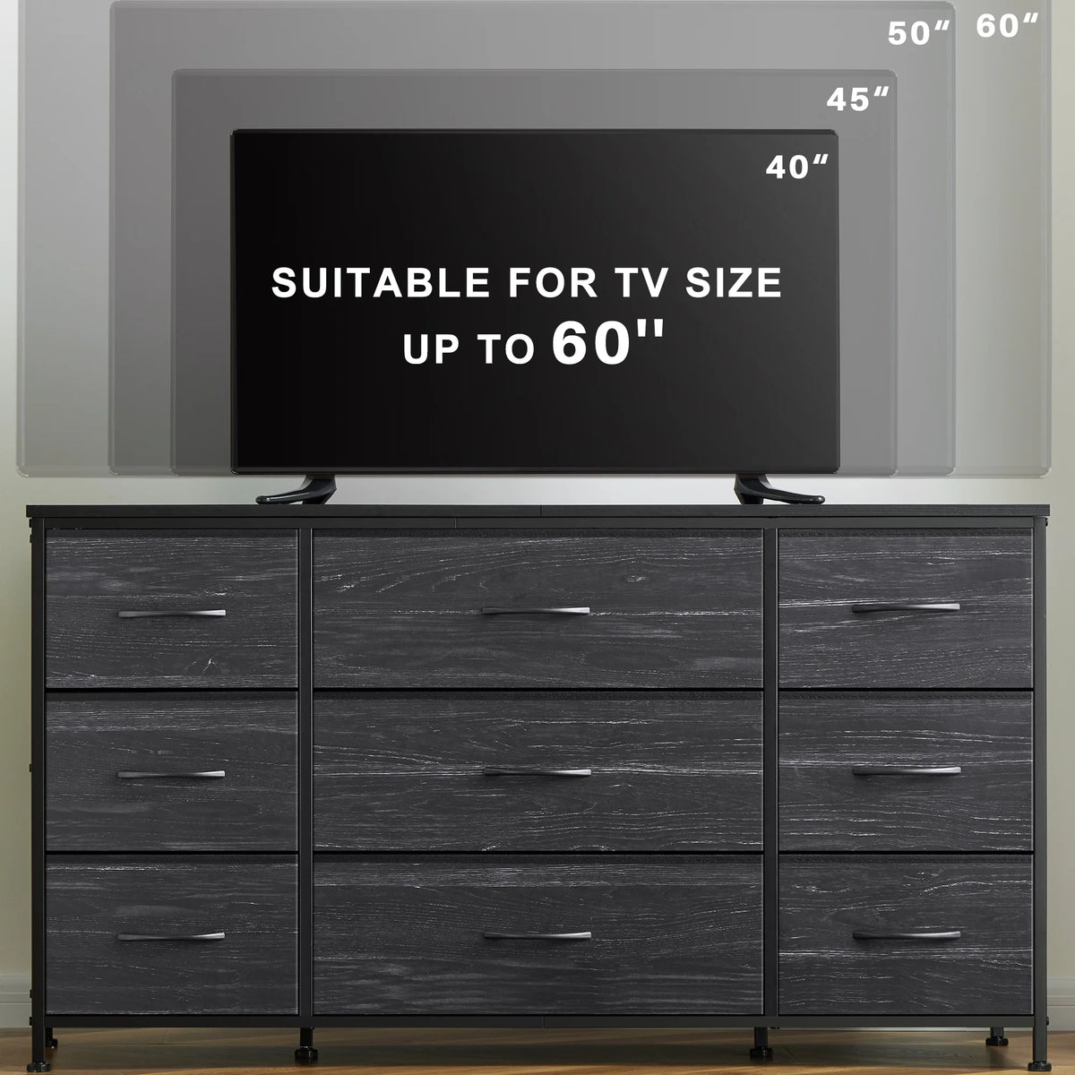 Wide Dresser TV Stand with 9 Drawers Dresser for Bedroom Chests of Drawers for Living Room, Black