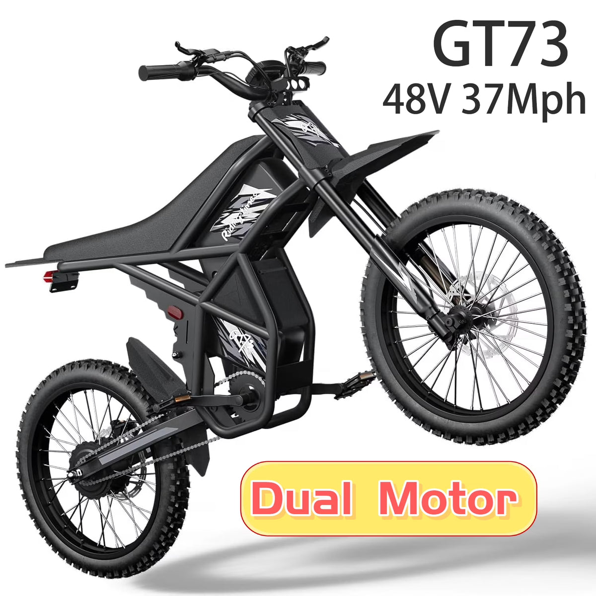 Riding'times GT73 Electric Dirt Bike for Adults, 37MPH 48V36.4AH 2400W 1747Wh Dual Battery Ebike, 85+ Miles Range,25" Motorcycle Tire UL2849 Certified, Full Suspension