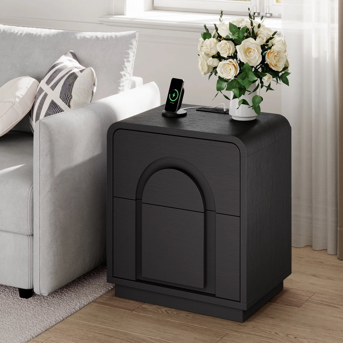 Bestier Nightstands Set of 2 with Charging Station, Modern Bedside Table End Table with Storage Drawer & Open Shelf for Bedroom Living Room Dorm Office, Natural