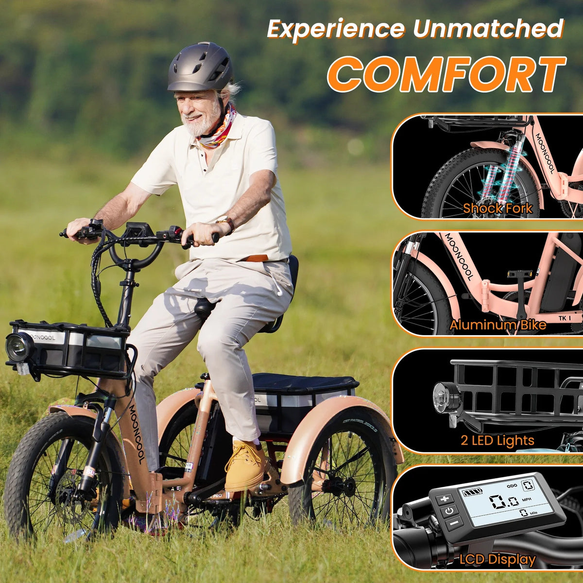 MOONCOOL TK1 Folding Electric Tricycle for Adults,48V 14.5Ah Removable battery, 500W（Peak 1000w）Motor, 20" Fat Tire Step-Thru 3Wheel Electric Bicycle w/Front&Rear Baskets, Certified to UL 2849 by SGS