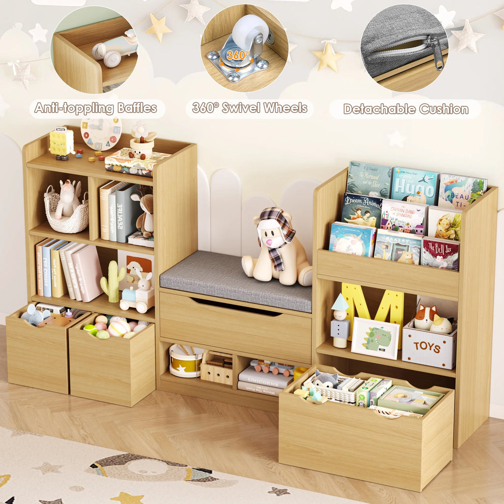 Hiphuta 72"Wide Kids Bookcase with Reading Nook and Under Bench Storage, Wooden Toy Storage Organizer & Book Rack for Kids Room, White
