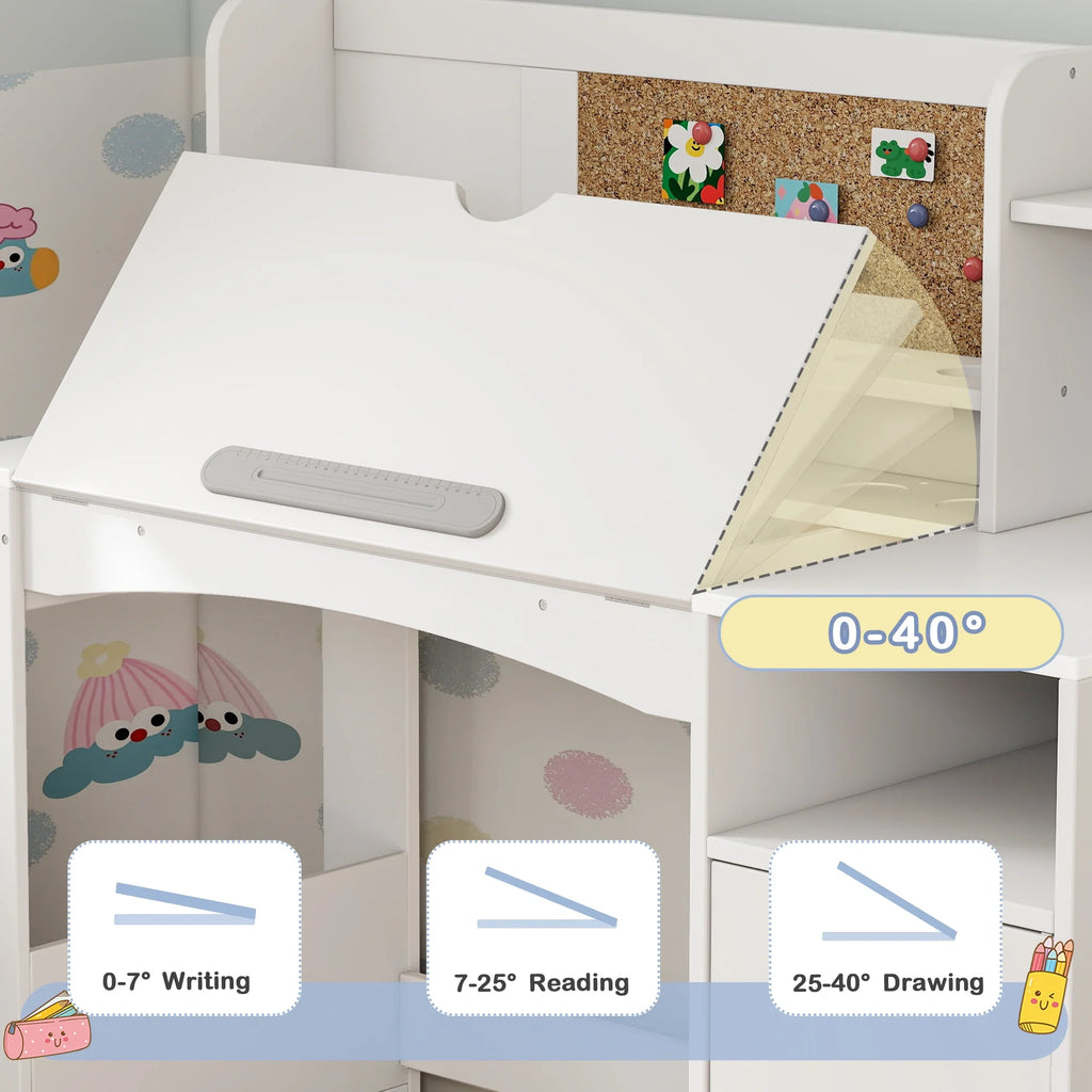 Reasea Kids Study Desk and Chair Set with Tiltable Desktop, Hutch & Storage - Wooden Writing Table for Ages 5-12,White