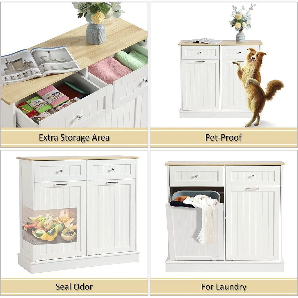 KIGOTY Dual Kitchen Trash Cabinet, Double Tilt Out Trash Can Cabinet with Countertop and Drawer, Free-Standing Pet Proof Recycling Cabinet Garbage Can Holder, Wood (White)