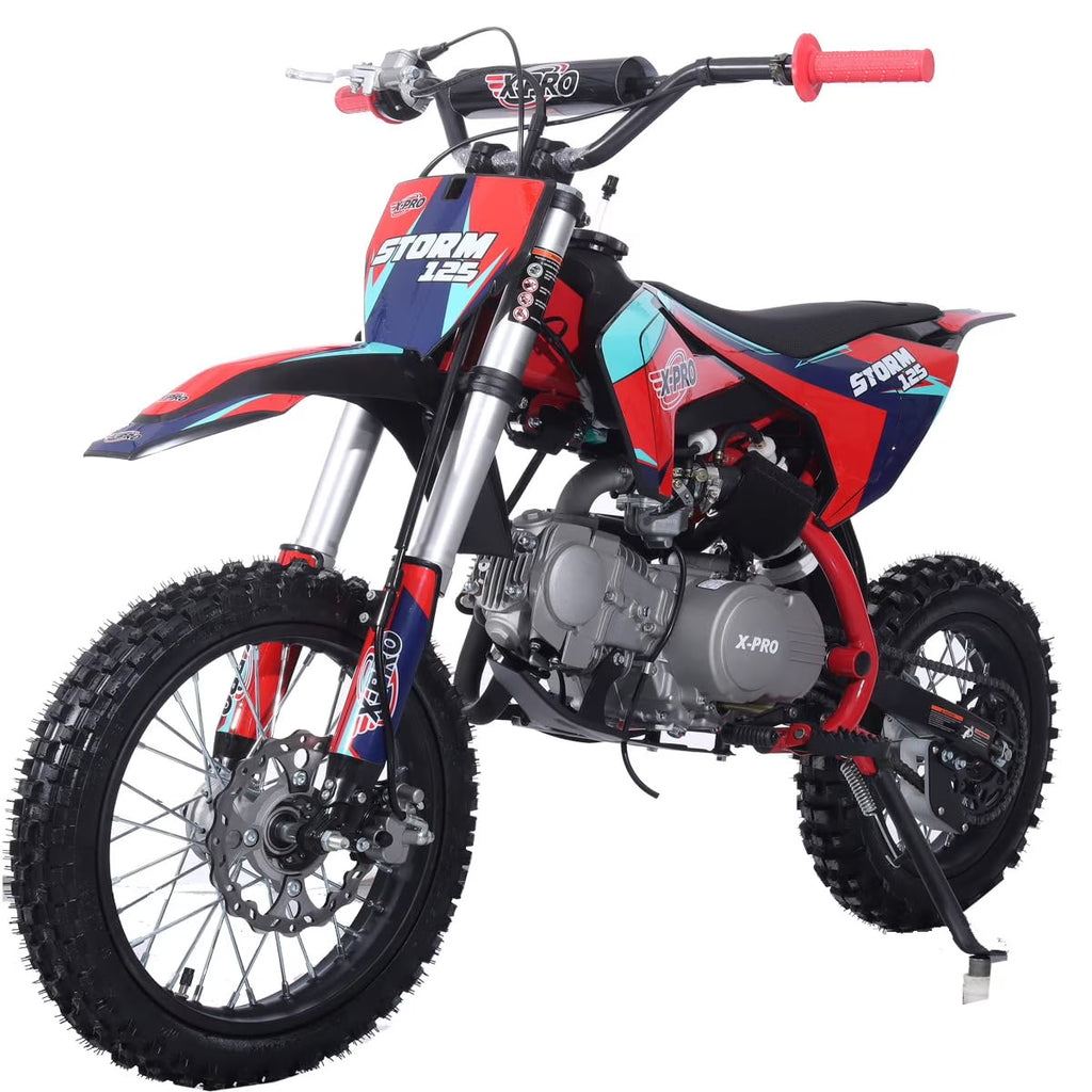 X-Pro Brand New Storm 125cc Dirt Bike with 4-Speed Semi-Auto Transmission, Kick Start, Big 14"/12" Tires!