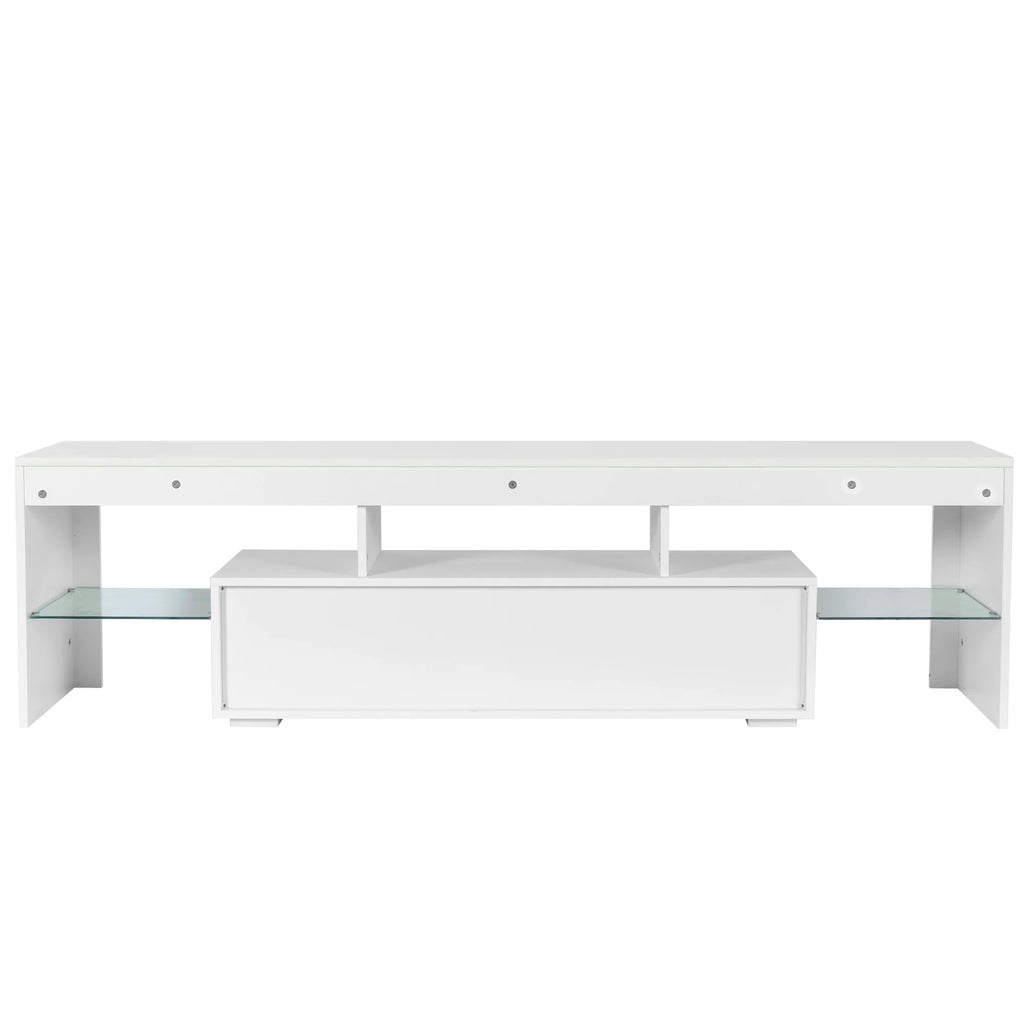 UHOMEPRO TV Stand for TV up to 70", Living Room Entertainment Center with RGB LED Lights and Storage Shelves Furniture, White High Gloss TV Cabinet Console Table
