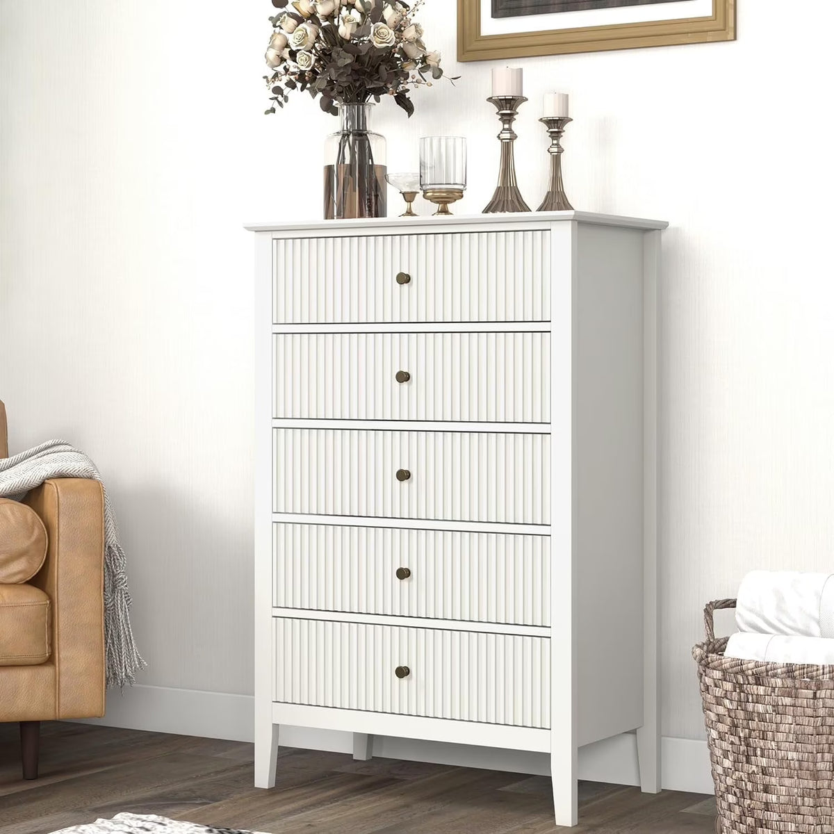 Heynemo Beige 6 Drawer Dresser, Fluted Modern Wood Chest