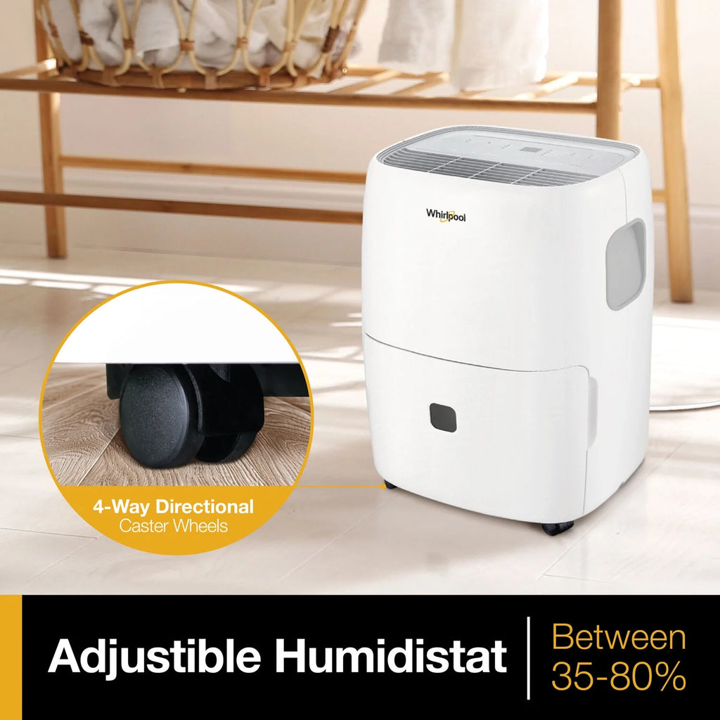 Whirlpool 30-Pint 3000 Sq ft Humidity Absorber Dehumidifier, Bedroom, Basement, Garage, WHAD301DW, New