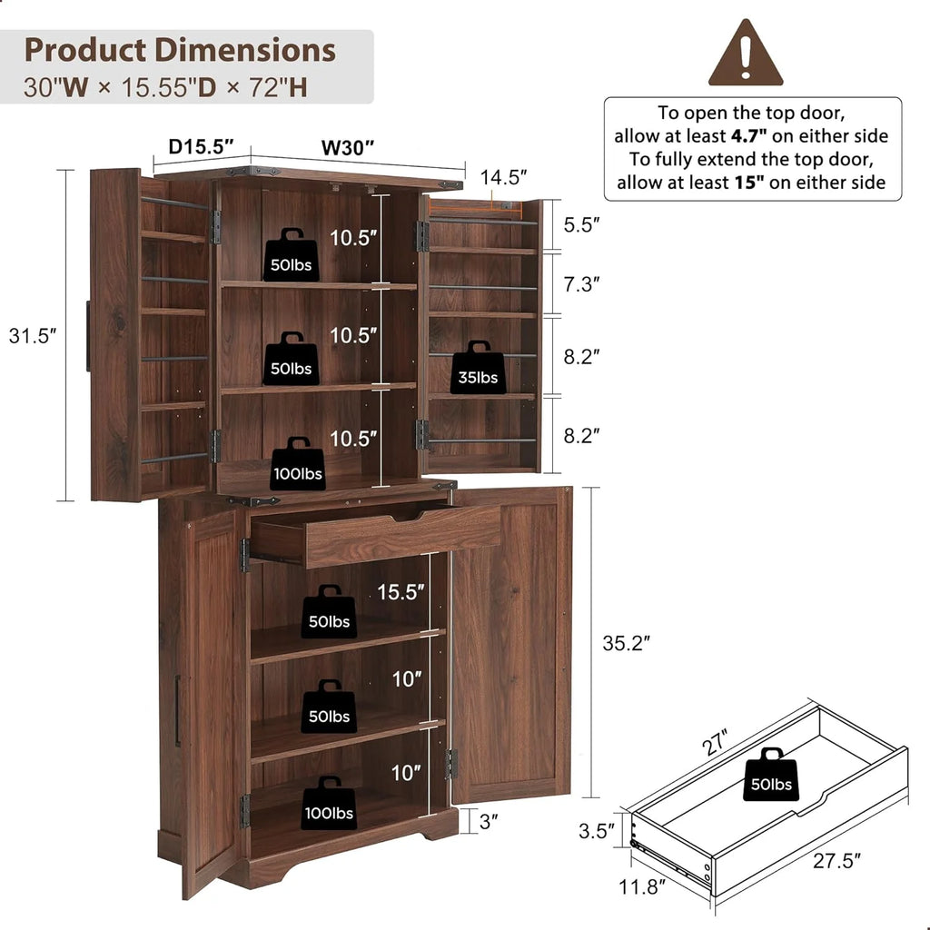 47" Kitchen Pantry, Farmhouse Storage Cabinet with Barn Doors, Organizer and Adjustable Shelves, Rustic Wood Cupboard for Kitchen, Dining Room, Bathroom and Hallway, Black