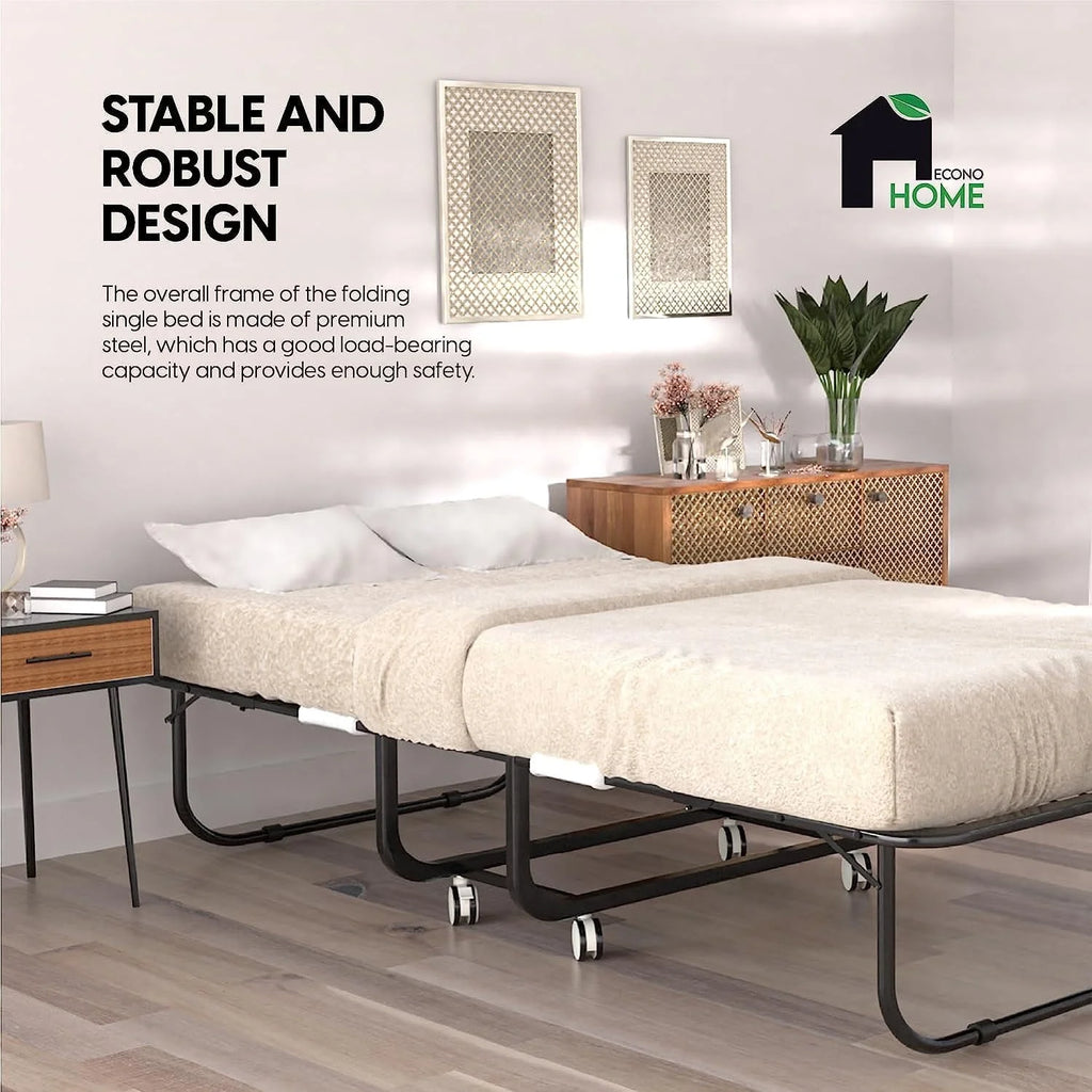 EconoHome Folding Bed with Mattress - 75x31 Cot Size Bed Frame - Portable Foldable Roll Away Adult Bed for Guest - 5-inch Thick Memory Foam Cot Mattress - Space Saving Fold Up Bed for Easy Storage