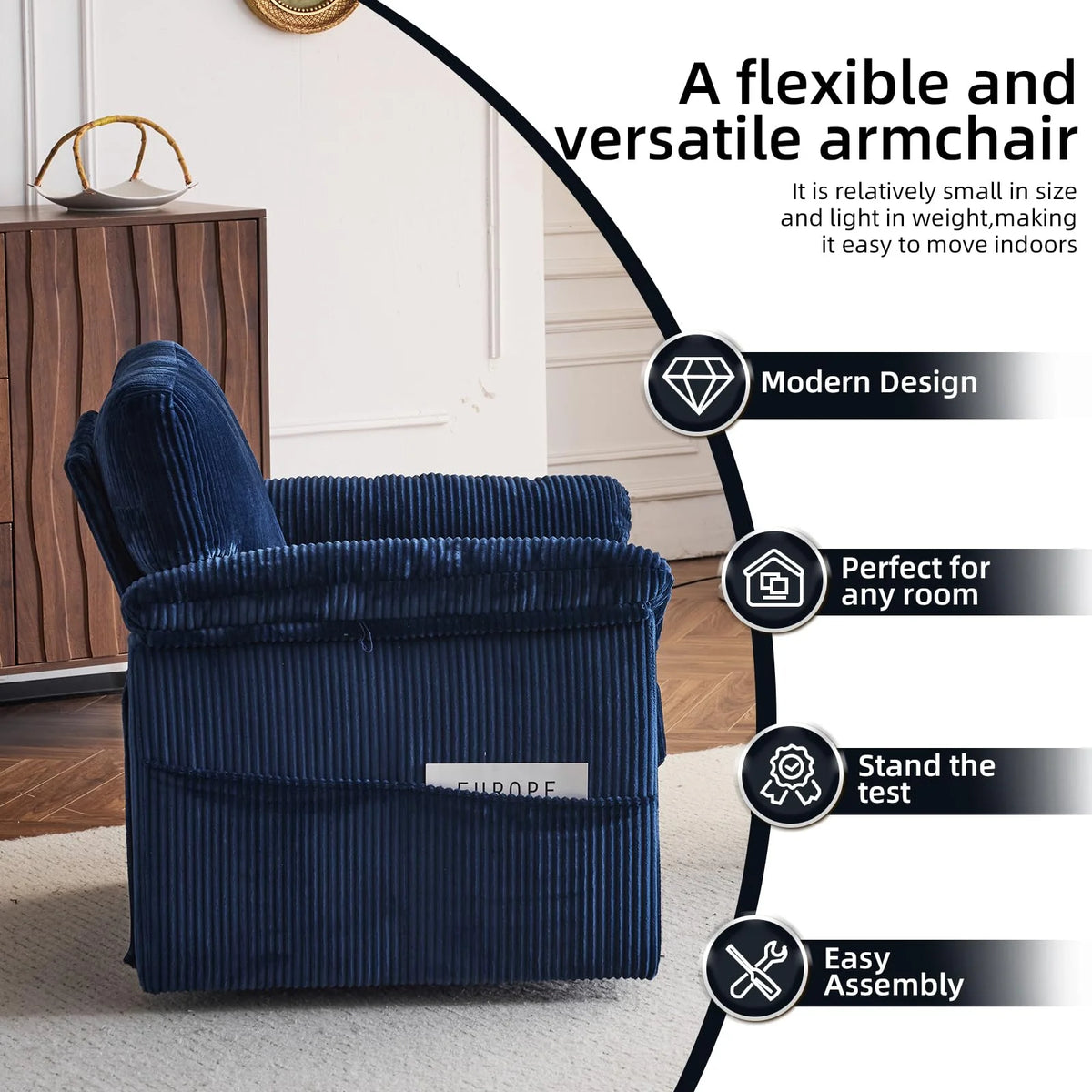 FFH 33" Oversized Swivel Accent Chair,Armchair with Side Pocket,Upholstered Corduroy Lounge Chaise Chair,Barrel Chairs,Comfy Single Sofa Chair for Living Room Reading Bedroom Office,Black